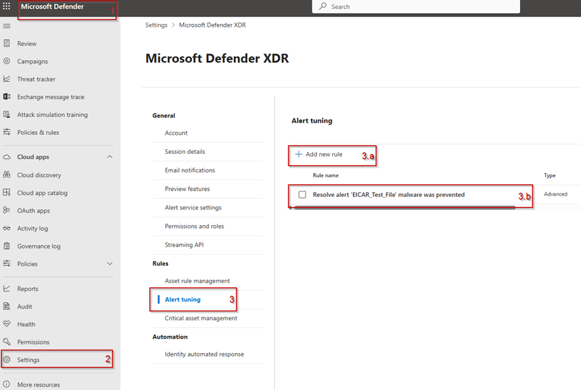 Screenshot of the Microsoft Defender XDR portal illustrating the navigation path to the Alert tuning blade: